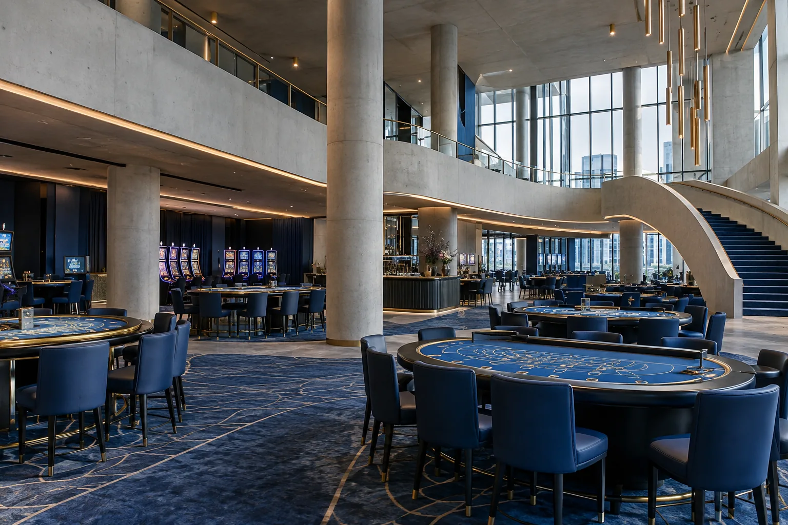 Lichte casinovloer met betonnen kolommen en blauwe accenten